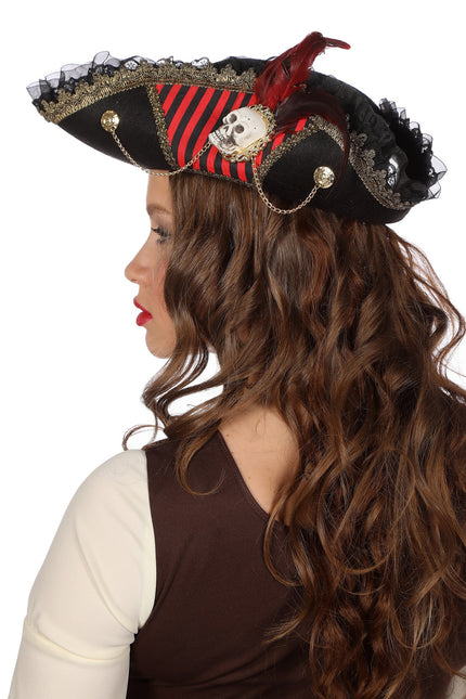 Wilbers & Wilbers Piraten Hoed Luxe Zwart Rood Dames
