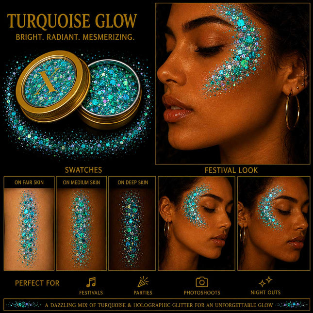 X-sins Turquoise Glow Gezicht en Body Glitters 25 ml